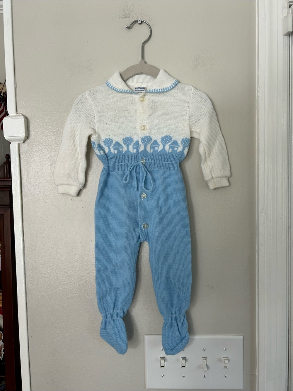 Carriage Boutiques Friedknit Blue House Tree Knit Romper 9M VTG